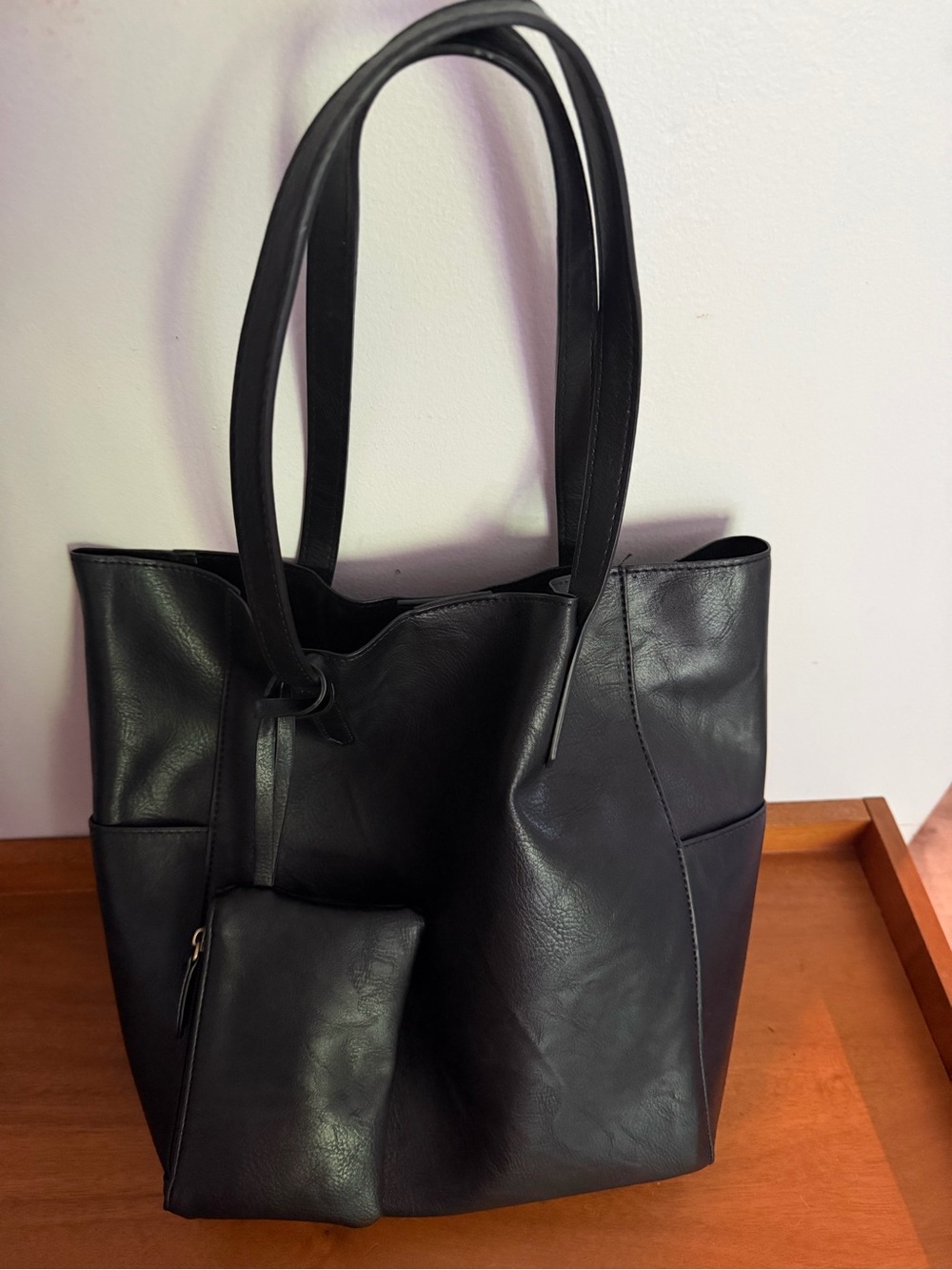Joy Susan Black Leather Tote with Zip Pouch